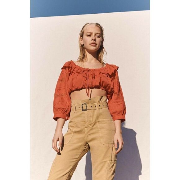NEW FREE PEOPLE Sz 4 PERCY PAPER BAG PANTS BELTED - Picture 1 of 4